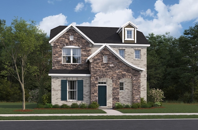 view of front of property featuring stone siding and a front lawn