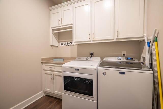 217 Rockhouse Rd, Hohenwald, TN 38462 - washroom with separate washer and dryer, cabinet space, dark wood-type flooring, and baseboards