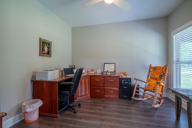 217 Rockhouse Rd, Hohenwald, TN 38462 - home office featuring baseboards, dark wood-style flooring, ceiling fan, and vaulted ceiling