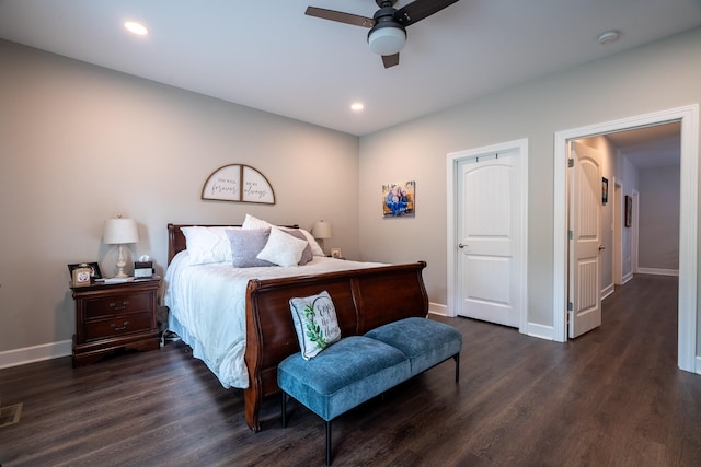 217 Rockhouse Rd, Hohenwald, TN 38462 - bedroom with dark wood-style flooring, baseboards, recessed lighting, and a ceiling fan