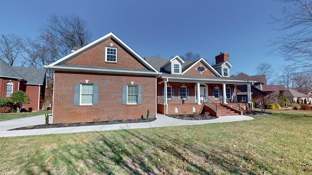 309 New Kent Ct, Tullahoma, TN 37388 - view of front of property featuring brick siding, a front lawn, covered porch, and a chimney