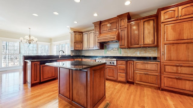 309 New Kent Ct, Tullahoma, TN 37388 - kitchen with a center island, premium range hood, a peninsula, a chandelier, and stainless steel appliances