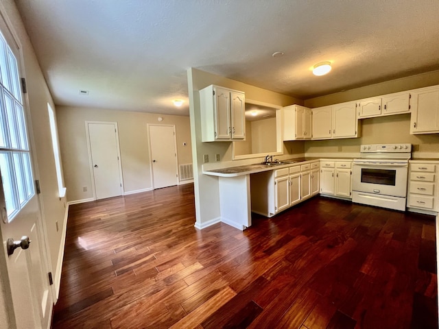 kitchen featuring dark wood-style flooring, baseboards, white cabinets, a sink, and white electric stove