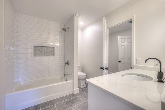 601 Foxborough Sq W, Brentwood, TN 37027 - bathroom with vanity, toilet, tile patterned flooring, bathing tub / shower combination, and crown molding