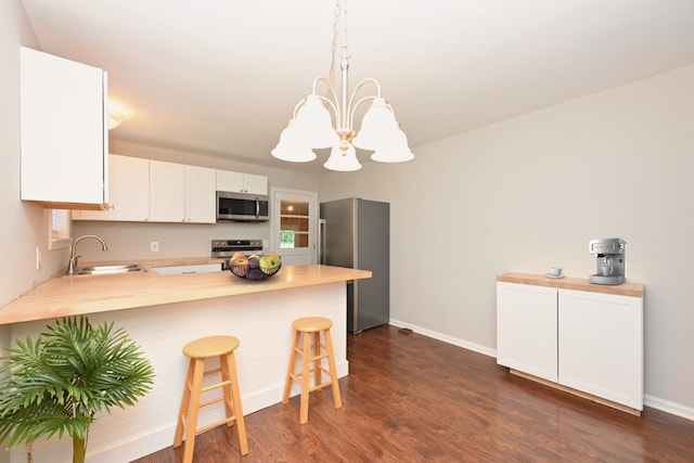 102 Moore Ave, Portland, TN 37148 - kitchen featuring appliances with stainless steel finishes, a sink, a peninsula, butcher block countertops, and dark wood-type flooring