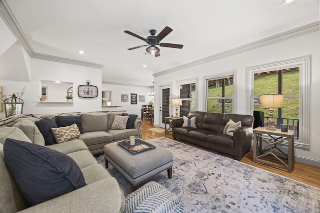 6437 Arno Rd, College Grove, TN 37046 - living area with crown molding, ceiling fan, recessed lighting, and wood finished floors