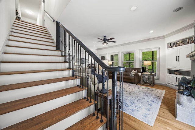 6437 Arno Rd, College Grove, TN 37046 - staircase featuring ceiling fan, crown molding, wood finished floors, and recessed lighting
