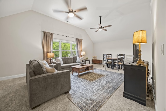 6437 Arno Rd, College Grove, TN 37046 - living area featuring lofted ceiling, ceiling fan, carpet flooring, and baseboards
