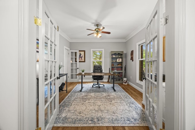 6437 Arno Rd, College Grove, TN 37046 - home office with french doors, crown molding, ceiling fan, wood finished floors, and baseboards