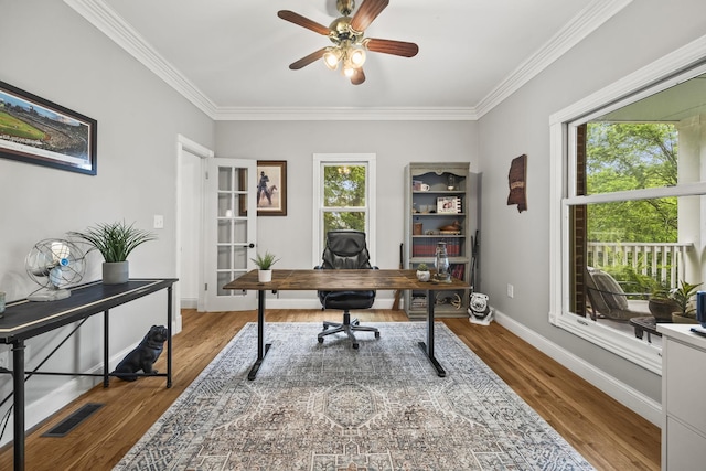 6437 Arno Rd, College Grove, TN 37046 - office featuring crown molding, a ceiling fan, wood finished floors, baseboards, and french doors