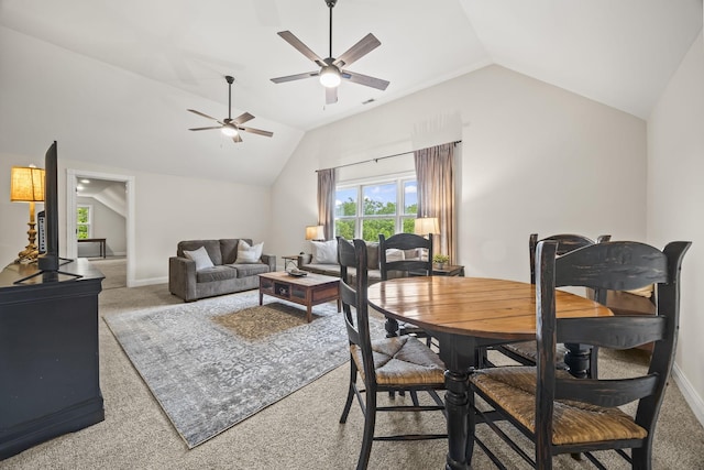 6437 Arno Rd, College Grove, TN 37046 - dining space featuring light colored carpet, lofted ceiling, ceiling fan, and baseboards