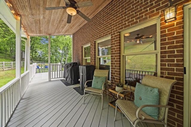 6437 Arno Rd, College Grove, TN 37046 - wooden terrace featuring a ceiling fan and a grill