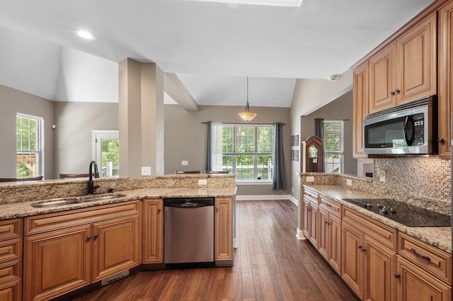 990 Iron Hill Rd, Burns, TN 37029 - kitchen featuring appliances with stainless steel finishes, a sink, lofted ceiling, dark wood-type flooring, and light stone countertops
