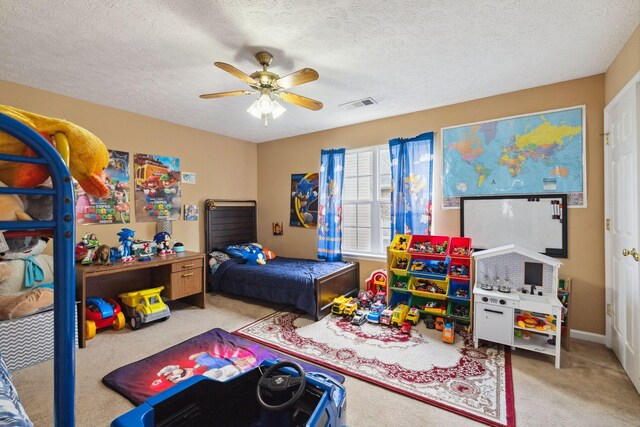 5512 Oak Chase Dr, Antioch, TN 37013 - bedroom featuring a textured ceiling, visible vents, ceiling fan, and carpet