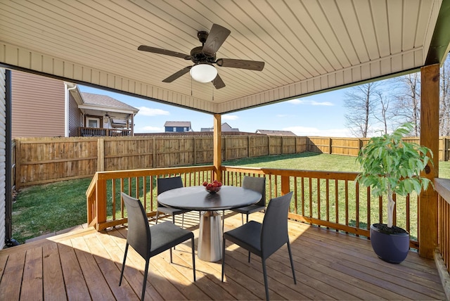 1145 Racker Dr, Clarksville, TN 37043 - wooden terrace with a fenced backyard, a ceiling fan, outdoor dining space, and a yard