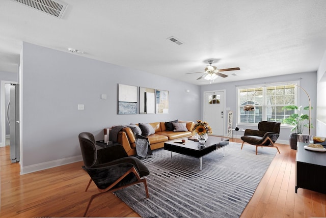 1145 Racker Dr, Clarksville, TN 37043 - living area featuring visible vents, light wood finished floors, ceiling fan, and baseboards