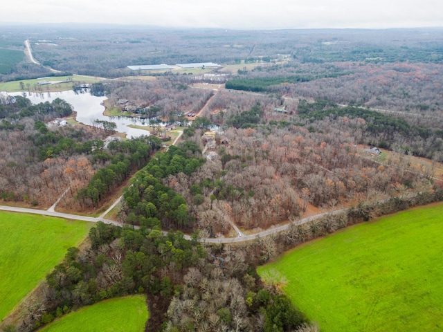 birds eye view of property with a water view and a wooded view