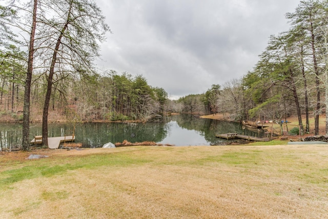 water view featuring a forest view