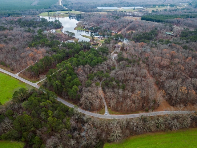 drone / aerial view featuring a water view and a wooded view