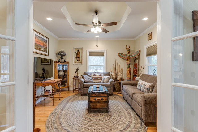 living area featuring plenty of natural light, a ceiling fan, light wood finished floors, and a tray ceiling