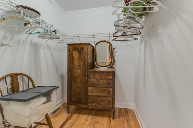 walk in closet with light wood-style floors