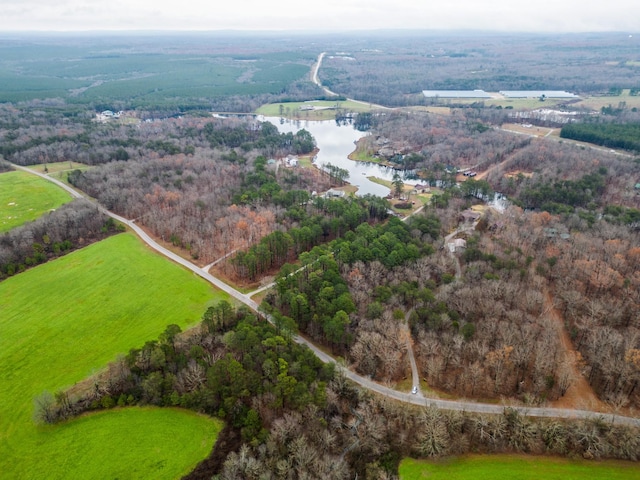 drone / aerial view with a water view and a wooded view