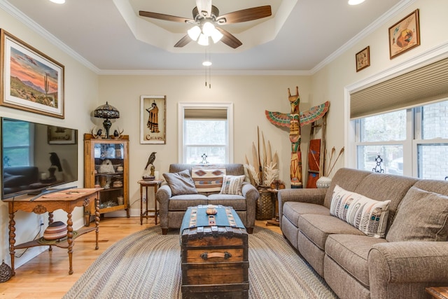 living area with a raised ceiling, ceiling fan, ornamental molding, and light wood finished floors