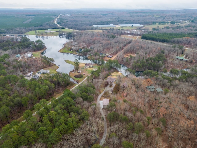birds eye view of property with a water view and a view of trees