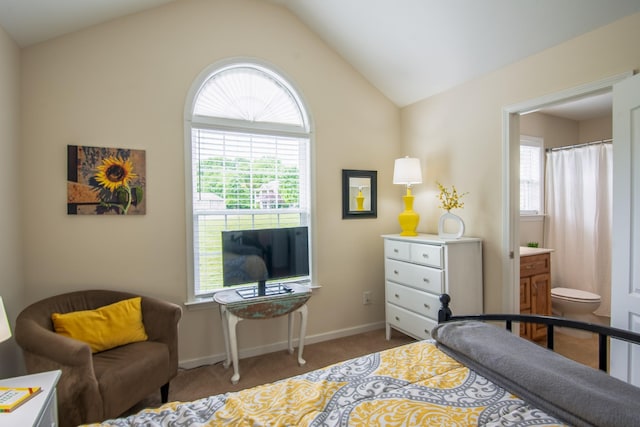 629 Natalie Ln, Spring Hill, TN 37174 - bedroom with baseboards, ensuite bathroom, carpet flooring, and lofted ceiling