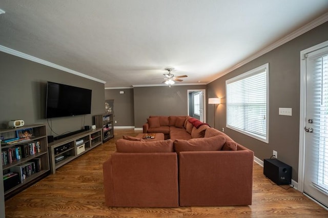 215 Desperado Ave, Pulaski, TN 38478 - living area with baseboards, ornamental molding, ceiling fan, and wood finished floors