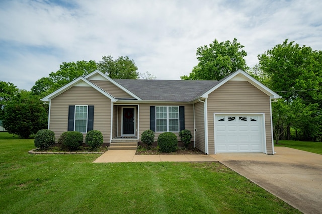 215 Desperado Ave, Pulaski, TN 38478 - ranch-style house featuring a garage, a shingled roof, concrete driveway, and a front lawn