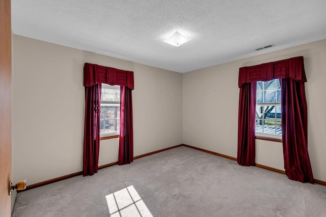 spare room with visible vents, a textured ceiling, a wealth of natural light, and light colored carpet