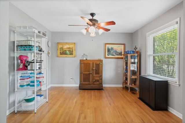 interior space featuring ceiling fan, baseboards, and light wood finished floors