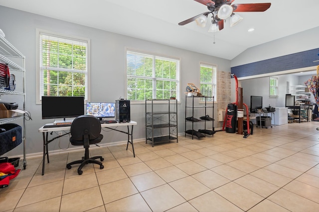 office featuring tile patterned flooring, lofted ceiling, baseboards, recessed lighting, and a ceiling fan