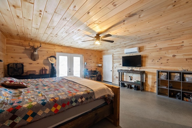 4231 Lylewood Rd, Indian Mound, TN 37079 - bedroom with wooden walls, finished concrete flooring, an AC wall unit, french doors, and wood ceiling