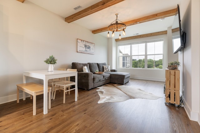 301 Harper Lndg Unit 301, Chapel Hill, TN 37034 - living room with wood finished floors, a chandelier, and beam ceiling