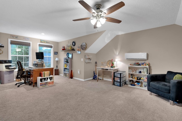 165 Daffodil Dr, Tullahoma, TN 37388 - carpeted office featuring a wall unit AC, ceiling fan, a textured ceiling, lofted ceiling, and baseboards