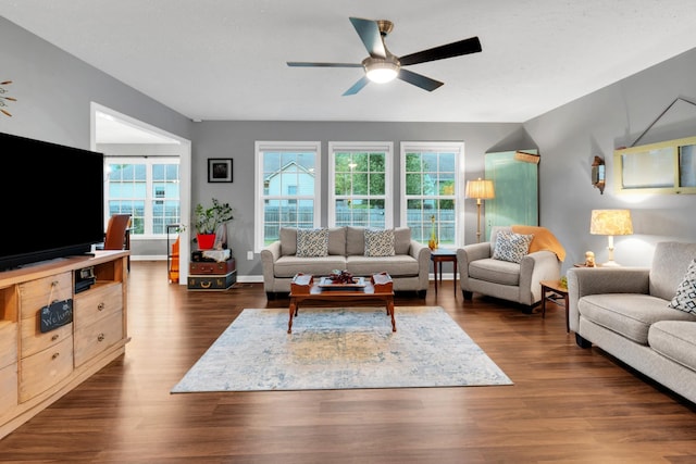 165 Daffodil Dr, Tullahoma, TN 37388 - living room with ceiling fan, dark wood-type flooring, and baseboards