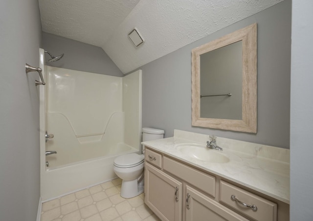 bathroom with vanity, toilet, a textured ceiling, and shower / tub combination