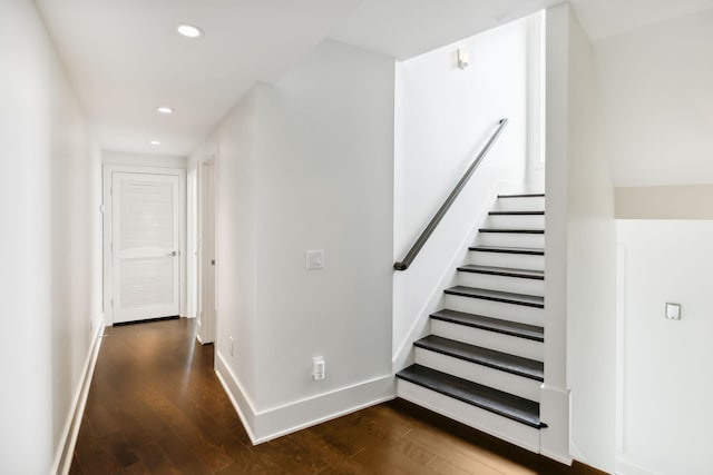 hall featuring recessed lighting, stairs, baseboards, and wood finished floors