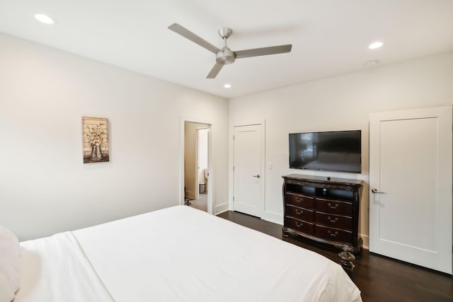 bedroom featuring recessed lighting, a ceiling fan, and dark wood-style floors