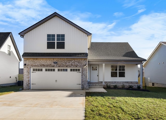 view of front facade featuring a front lawn, cooling unit, roof with shingles, brick siding, and driveway