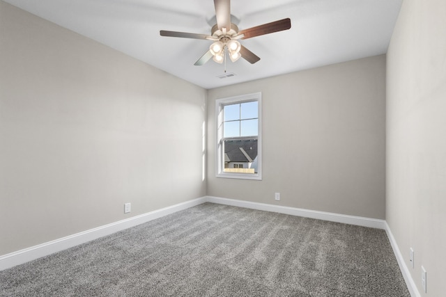unfurnished room featuring visible vents, carpet, ceiling fan, and baseboards