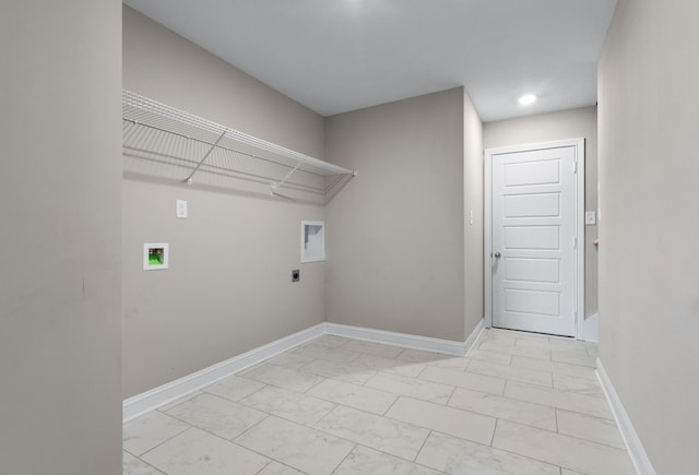 clothes washing area with laundry area, marble finish floor, baseboards, hookup for a washing machine, and electric dryer hookup