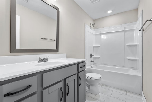 bathroom featuring bathtub / shower combination, vanity, toilet, marble finish floor, and visible vents