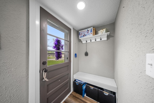 mudroom with a textured ceiling, a textured wall, and dark wood finished floors