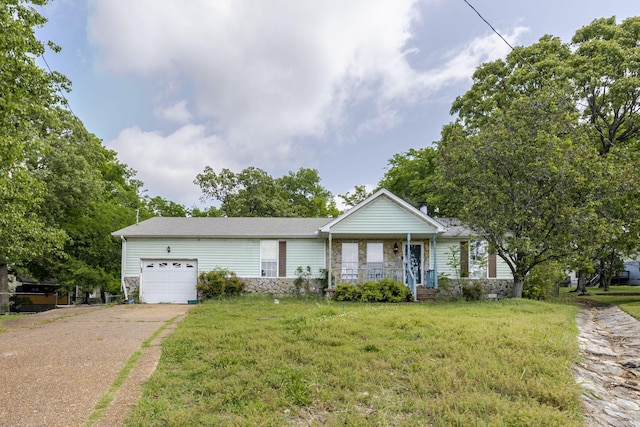 single story home featuring a porch, a garage, a front lawn, and concrete driveway
