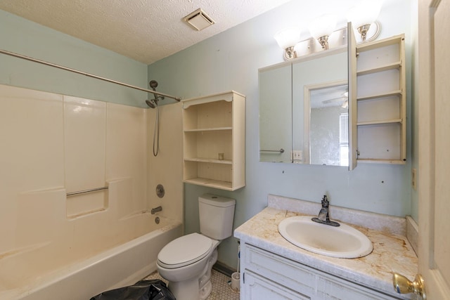 bathroom with vanity, toilet, a textured ceiling, shower / bath combination, and visible vents