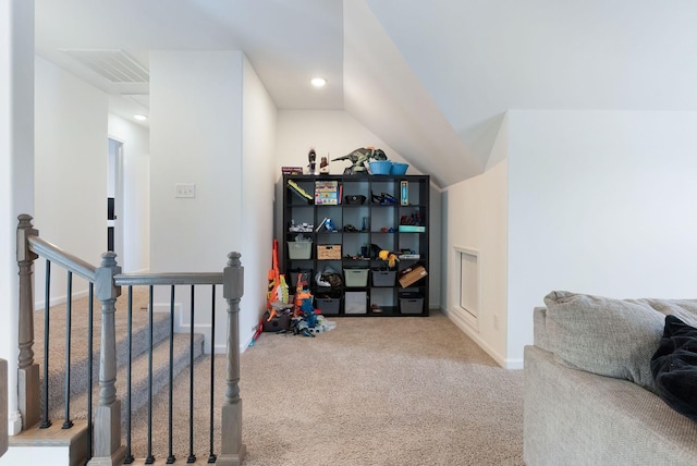 interior space with carpet floors, recessed lighting, baseboards, and visible vents