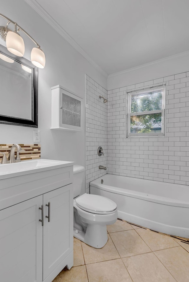 full bath with shower / bathing tub combination, crown molding, tile patterned flooring, vanity, and toilet